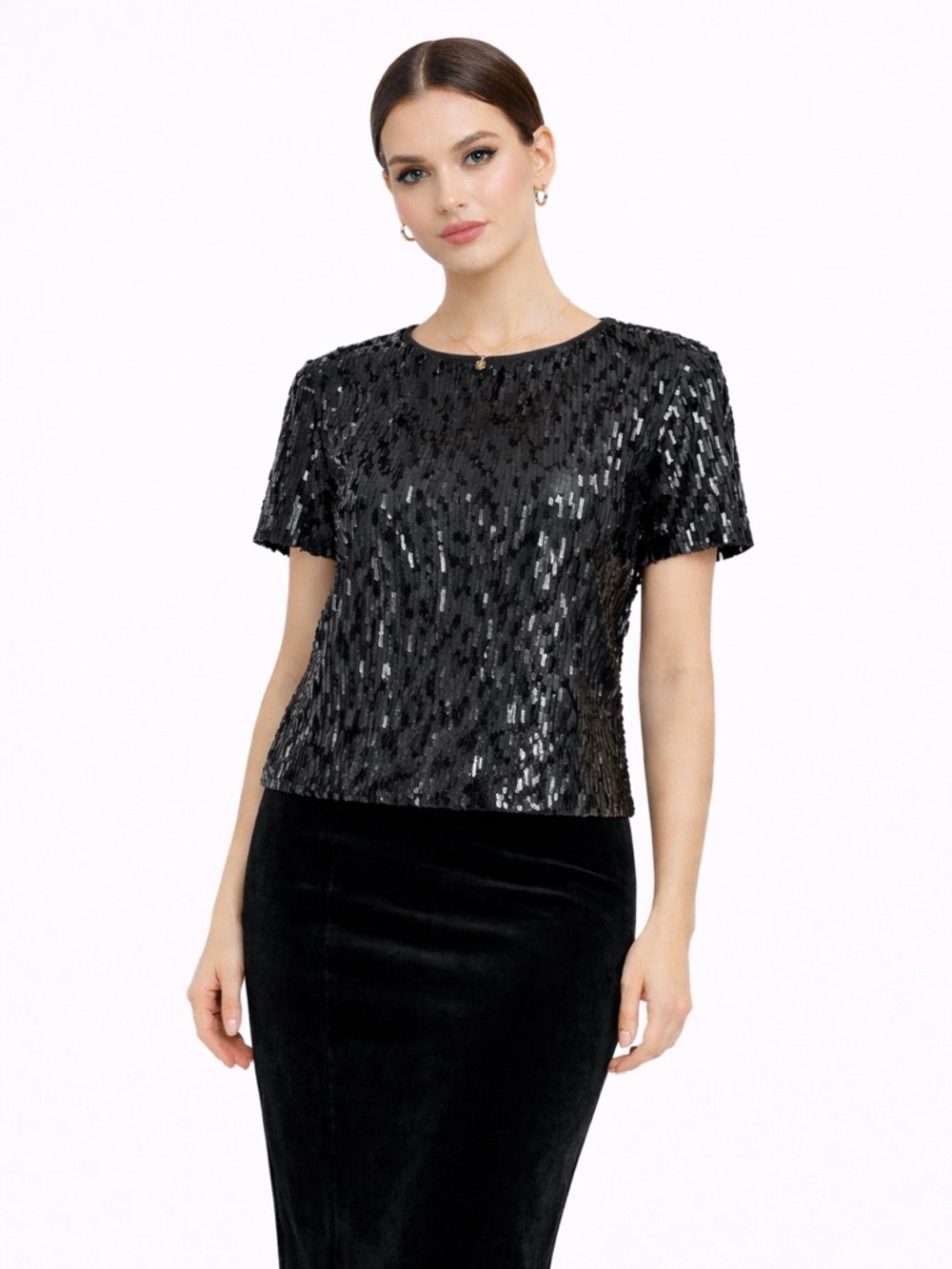 Bar III Sequin Short Sleeve Top Womens Small Black Stretch‎ Sparkly Party Dressy